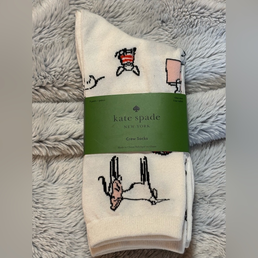 kate spade White Crew Socks with Pink & Black Bunny Motif